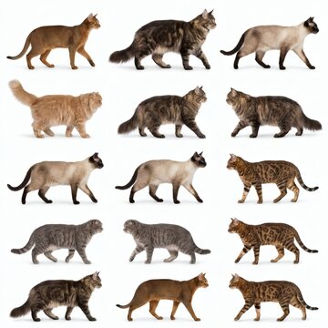Twelve Cat Breeds in Walking and Sitting Poses

