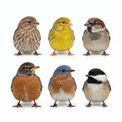 Fototapeta premium Six Small Colorful Songbirds Sitting in Two Rows Isolated on White Background