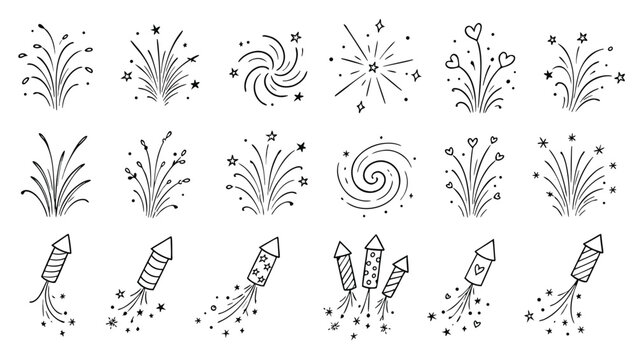 Collection of handdrawn doodle style fireworks and rockets for celebrations and parties