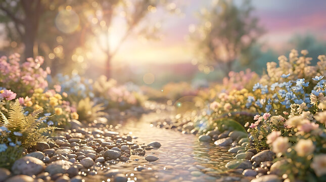 Gentle stream flowing through blooming garden flowers