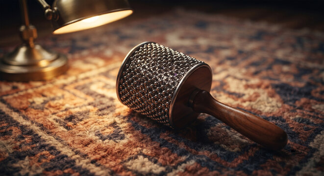 A close-up, artistic composition featuring a cabasa resting on a rustic, woven textile rug, bathed in the gentle, warm glow of a nearby desk lamp,