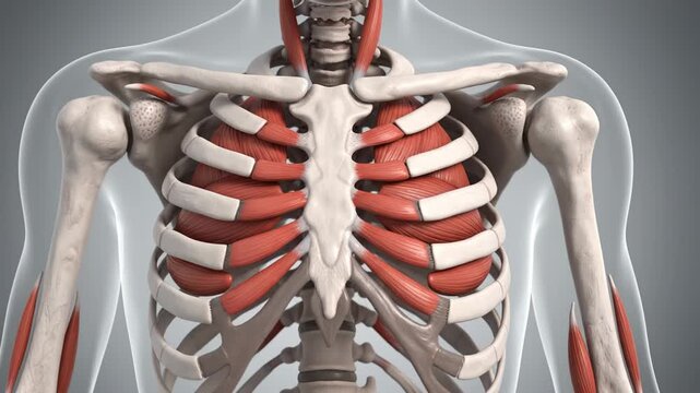 Human rib cage and intercostal muscles anatomy motion. Detailed 3D medical visualization of the respiratory system structure showing rhythmic expansion and contraction of chest muscles.