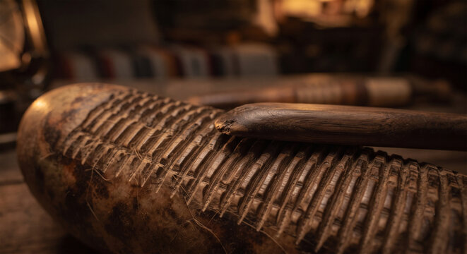 An extreme close-up view of the scraper's tip and the precisely carved notches of a gourd guiro, highlighting the artisanal, hand-crafted detail 