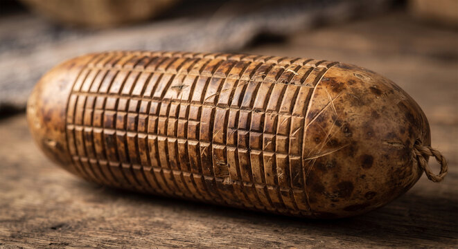 A macro, high-definition photograph of a traditional, hollowed-out gourd guiro, focusing on the rhythmic, deeply carved parallel notches