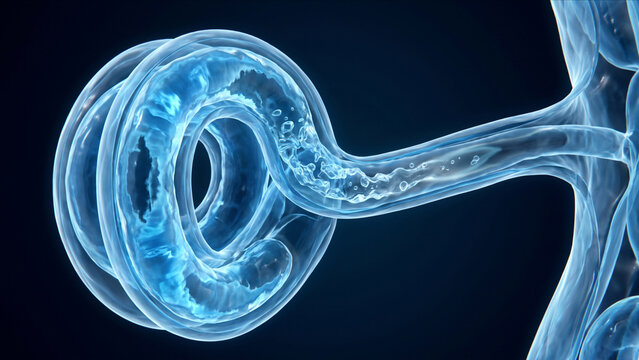 エクリン汗腺の分泌部から青い汗が排出される様子を描く医療用抽象CG画像