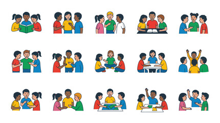 Fototapeta premium Education and Childhood Flat Vector Illustrations: Diverse Children Learning, Reading, and Collaborating in Groups