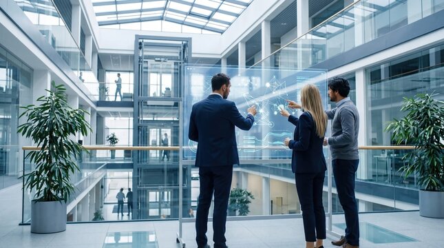 Business team analyzing futuristic holographic data charts in modern corporate office atrium, innovation and strategy planning concept