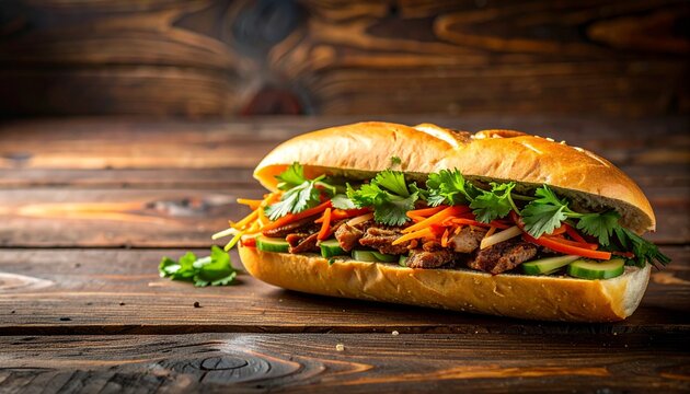 Banh Mi - Delicious sandwich filled with fresh vegetables and meat on a wooden table