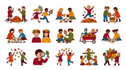 Fototapeta premium Children Playing with Autumn Leaves Flat Vector Illustration Set. Kids Enjoying Fall Season Activities.