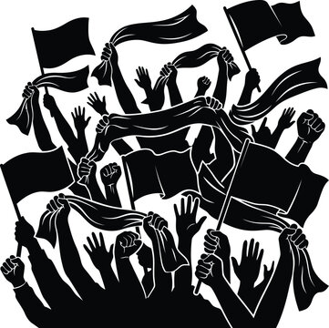 Crowd of Protesters Holding Raised Flags and Hands in Black and White Vector Silhouette