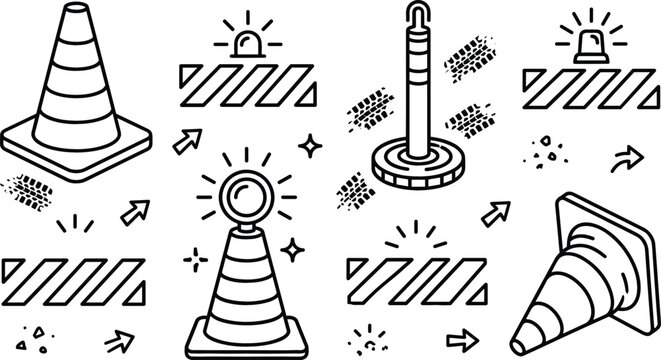 Road construction safety vector icon set featuring traffic cones warning barriers safety lights delineator posts and tire tracks.
