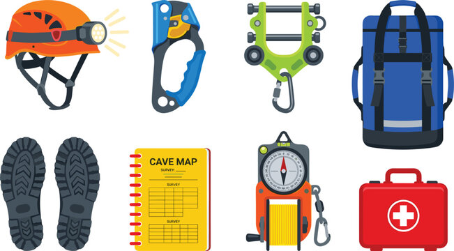 Professional Caving and Spelunking Exploration Equipment Icon Set Vector Illustration for Adventure Sports, Cave Mapping, and Safety Designs