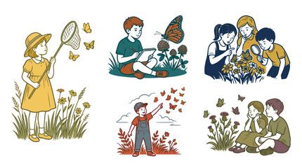 Fototapeta premium Children Observe Butterflies in Nature, Flat Vector Illustration