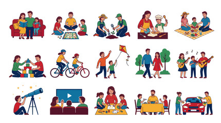 Fototapeta premium Cartoon Vector Illustration Set of Family Life Activities: Parents and Children Engaging in Leisure Fun