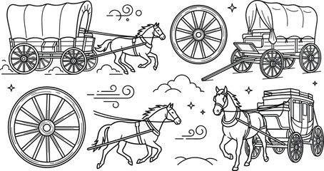 Wild west covered wagon vector icon set featuring stagecoach transport vintage wheels running horses and pioneer elements. © MdShakib