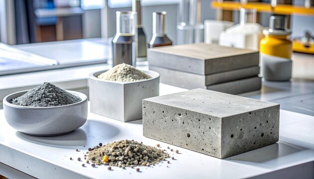 Concrete samples and aggregates on a lab table with measuring tools, symbolizing precision, testing, and material innovation in construction.