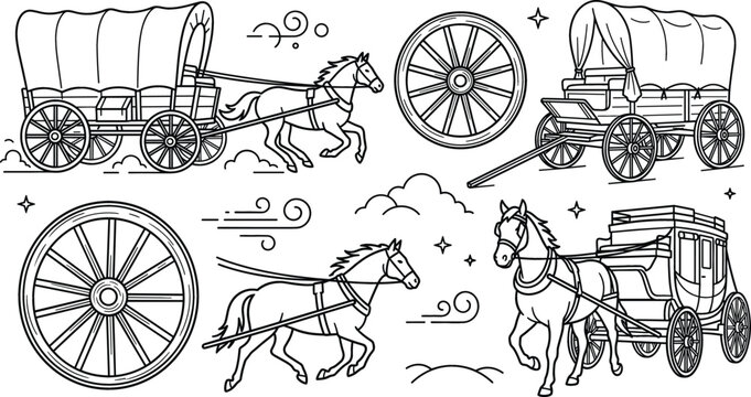 Wild west covered wagon vector icon set featuring stagecoach transport vintage wheels running horses and pioneer elements.