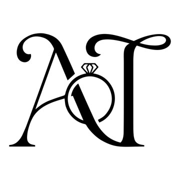 Elegant Wedding Monogram Letter AT Initial with Diamond Ring Vector Logo	