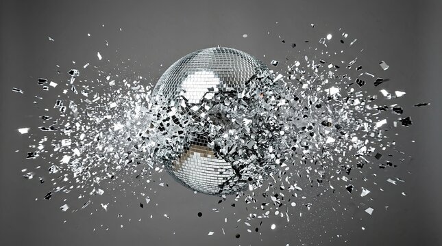 Shattering disco ball with silver fragments on a grey background for dynamic party poster and abstract design