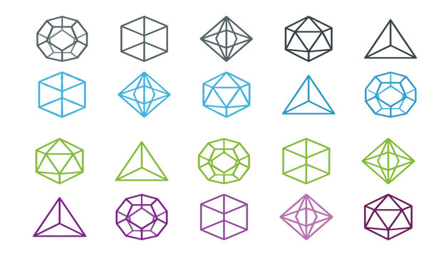 Geometric polyhedron dice vector icon set. Outline platonic solids, abstract mathematical shapes, crystalline gemstone facets and colorful linear gaming elements.