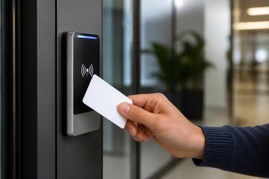 Hand taps card near sleek electronic door entry. Modern office building hallway, professional ambiance. Person uses keycard for secure access. Door reader glows softly with wireless signal