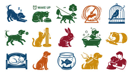 Obraz premium Pet Care Domestic Animals Glyph Icons Vector Set. Illustrations of various pets, grooming, and daily activities.