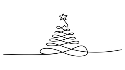 Minimalist continuous single line drawing of a christmas tree with a star on top for holiday season greeting card design and festive winter decoration © Joya