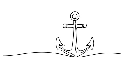 Continuous single line drawing of a boat anchor symbol showing nautical marine design concept for travel vacation and ocean adventure themes and icons © Joya