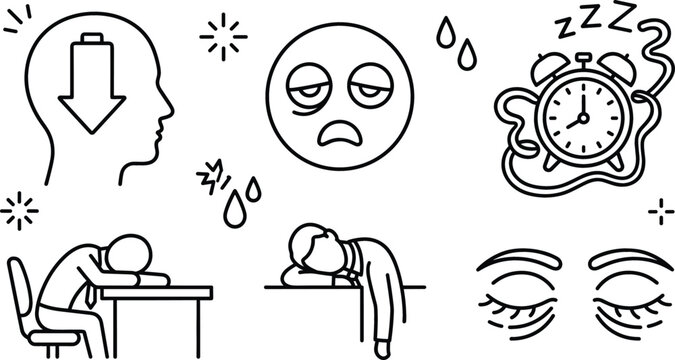Fatigue and tiredness icon set featuring low battery head tired face alarm clock sleeping businessman and closed eyes.
