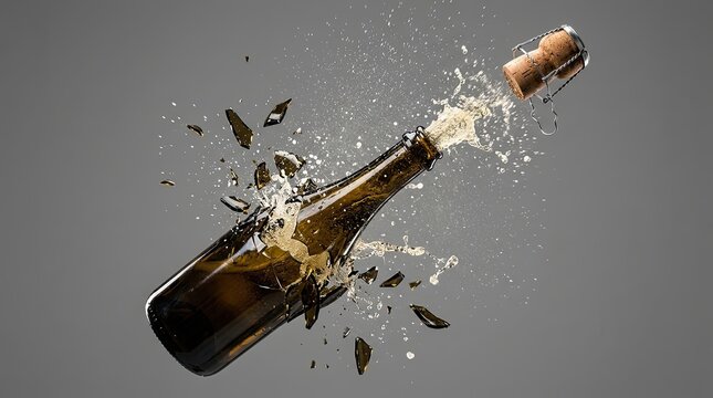 Dramatic explosion of a sparkling wine bottle with shattered glass and cork popping for energetic celebration poster design
