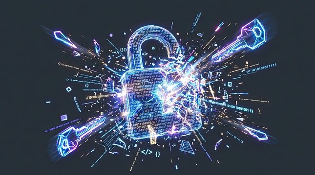 Exploding digital padlock with binary code and glowing effects for cyber security and technology theme backgrounds