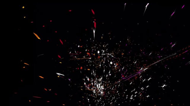Realistic colorful confetti falling down on transparent dark background, glowing white sparks firework explosion overlay for festive party celebration, birthday, and surprise event video 4K