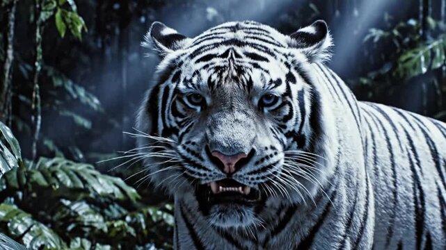 Close-up side profile of a white Bengal tiger with black stripes moving through a dark, dense tropical jungle with large leaves and low light cinematic environment.