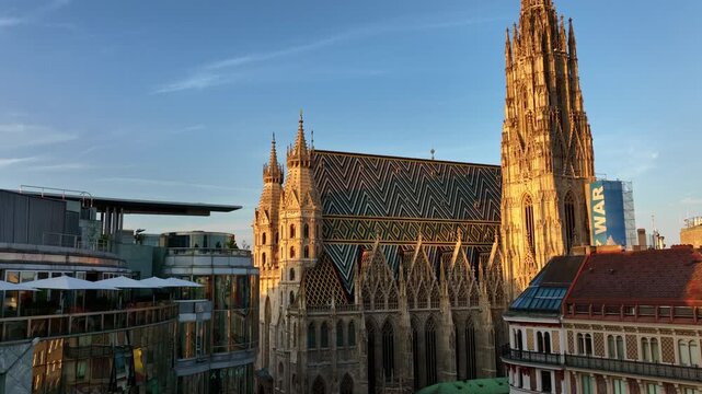 Vienna Stephansdom cathedral aerial skyline. Vienna gothic spire on Stephansplatz. Vienna Austrian capital landmark panorama. Vienna heritage architecture.