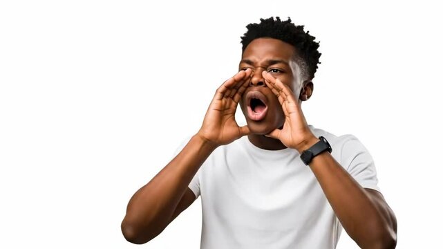 A young african american man shouting loudly with hands cupped around mouth