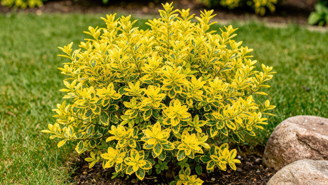 Vibrant yellow and green variegated euonymus shrub growing in a garden landscape.