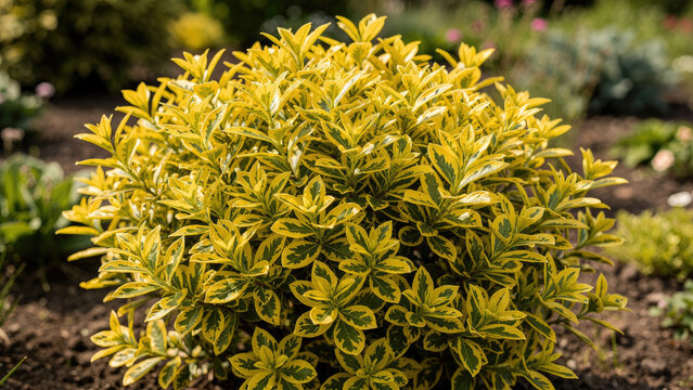 A vibrant yellow and green variegated euonymus shrub growing in a garden bed.