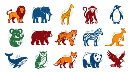 Obraz premium Stylized Graphic Illustrations of Wild Animals. Diverse Zoo Wildlife Vector Icons Collection.
