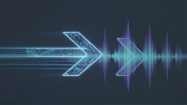 Neon arrows pulse with digital energy, echoing sound waves across a dark futuristic canvas.