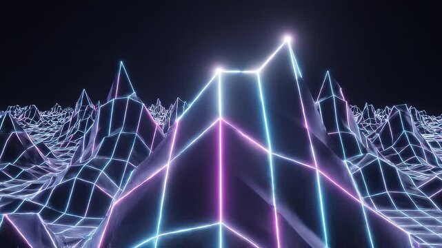 Retro Futuristic Wireframe Landscape with Neon Glowing Peaks