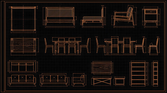 Detailed Residential Furniture CAD Blocks Side View Vector Set Architecture Blueprint AutoCAD Technical Drawing