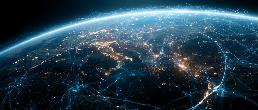 Futuristic AI satellite network surrounding Earth, intelligent orbital communication, glowing satellites,