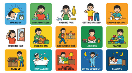 Naklejka premium Child's Daily Routine Flat Illustration Set. Kid Life Activities from Waking to Sleeping. Educational Icons.