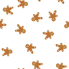 Fototapeta premium pattern gingerbread man cookie standing seamless on white, decorated with white icing smile, wavy lines on arms and legs, and red sugar dots, representing a festive seasonal treat