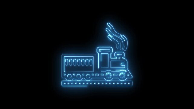 Neon blue glowing train icon with smoke and carriage on black background abstract motion graphics
