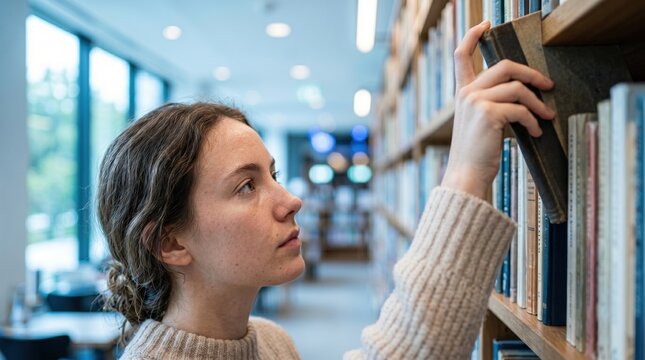 A young woman browsing books in a quiet library setting during a relaxing resort vacation