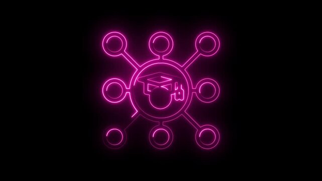 Glowing neon pink graduation cap connected to network nodes abstract concept digital icon