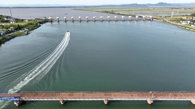 Aerial View of the Hachirogata Floodgate and Reclaimed Lake in Akita, Japan
