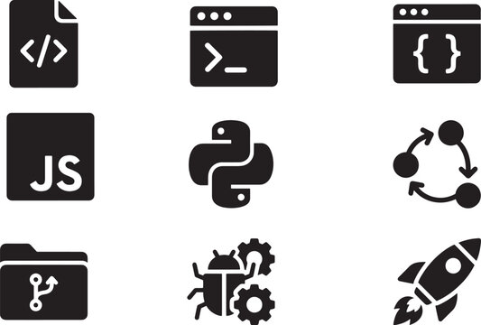 Minimalist Web Development Software Programming Languages and Coding Solid Icon Set Vector