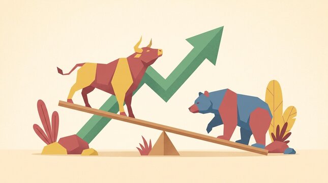 Bull and bear balancing on a seesaw with a rising financial growth arrow background